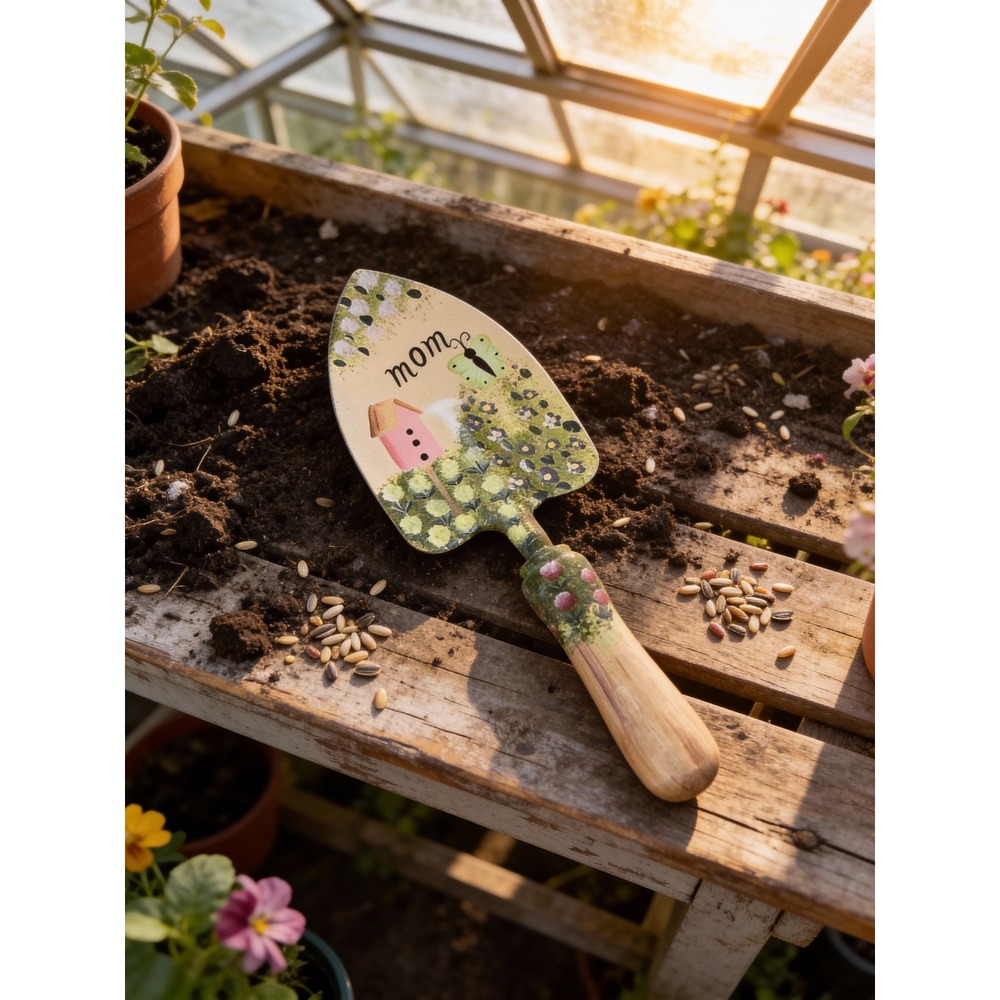 Hand Painted Mom Garden Trowel Wall Decor Birdhouse Butterfly Floral Wood Handle